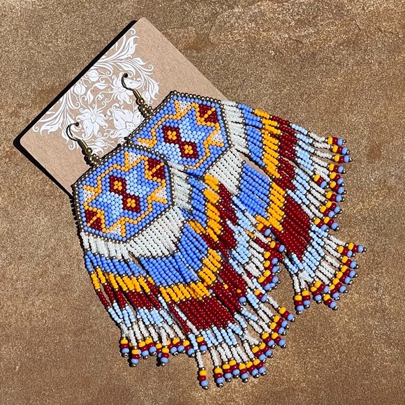 Aztec Style Artisan Beaded Earrings Southwest Long Fringe Tassel Dangle Drops - Picture 5 of 7